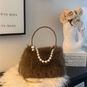 Brown Faux Fur Handbag with Pearl Accent